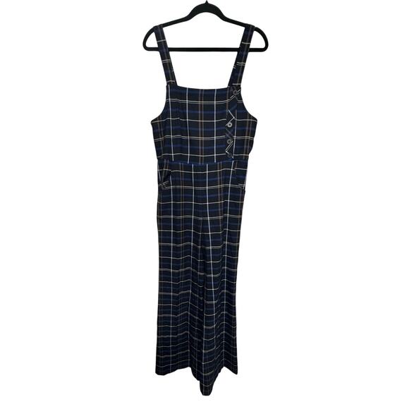 ZARA Woman Plaid Wide Leg Jumpsuit Size M Blue Brown Check Sleeveless Pockets - Picture 1 of 7